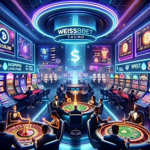 Ambiance animée du casino en ligne WeissBet avec jeux et néons